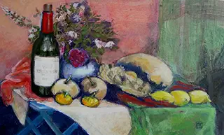 Stillleben mit Rotweinflasche (2009) – Tempera auf Pappe
