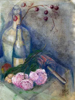 Stillleben mit Schirm (2009) – Tempera auf Baumwolle